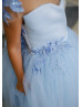 Blue Beaded 3D Flowers Tulle Flower Girl Dress With Glitter Train